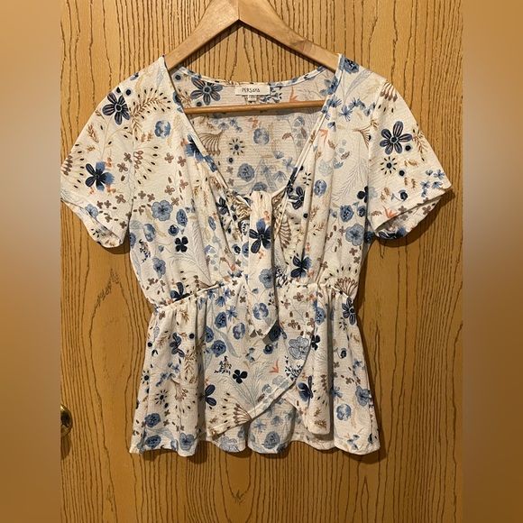 Persaya Cream and Blue Floral Blouse - Picture 1 of 2